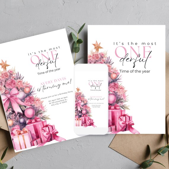 Pink Christmas Tree First Birthday Invitation Template, Most Onederful Time of The Year Birthday Invitation, Holiday First Birthday Invite