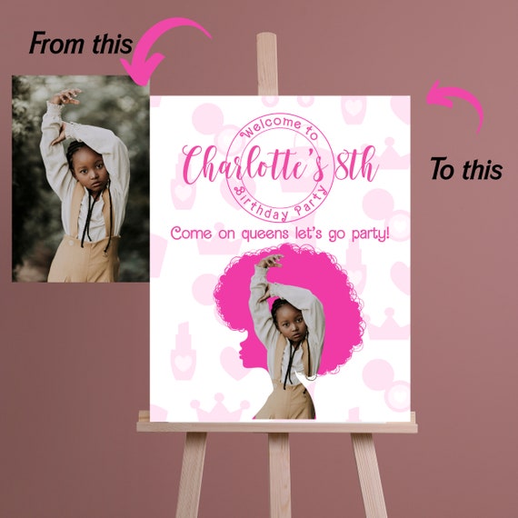 Pink Birthday Afro Doll Theme Welcome Sign, Custom Party Template, African Pink Dolly Banner
