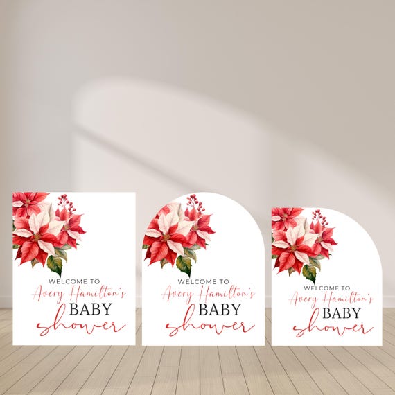 Christmas Poinsettia Flower Baby Shower Welcome Sign | Red and White Arch Foam Board Sign | Editable Holiday Baby Shower Welcome Signage