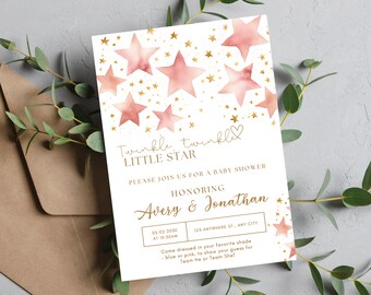 May include: Twinkle Twinkle Little Star baby shower invitation with pink and gold stars on a white background. The invitation includes the date, time, and location of the event. It also includes the names Avery & Jonathan and the text "Come dressed in your favorite shade - blue or pink, to show your guess for Team He or Team She!"