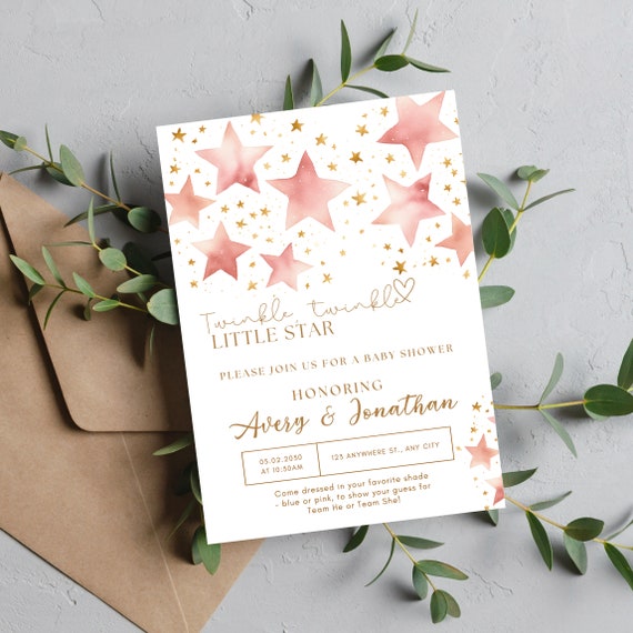 Editable Pink Stars Baby Shower Invitation Template - Twinkle Little Star - Printable Girl Invite - Customizable DIY Baby Shower Invitations