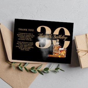 Erwachsenen Whisky und Zigarre Geburtstag Danke Kartenvorlage, bearbeitbar jedes Alter Männer Geburtstag Danke Karten, druckbare Bday Vorlagen