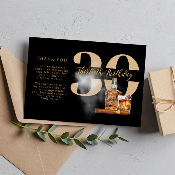 Adult Whiskey and Cigar Birthday Thank You Card Template, Editable Any Age Men's Birthday Thank you Cards, Printable Bday Templates