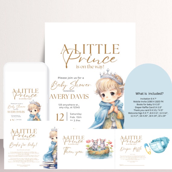 Prince Baby Shower Invitation Bundle Template, Prince Printable Fairytale Theme Books for Baby, A Little Prince is on the way Diaper Raffle