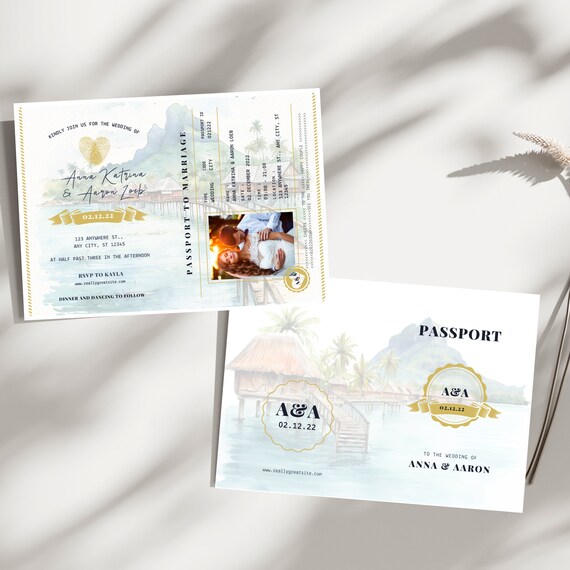 Editable Bora Bora Wedding Passport Photo Invitation Template - Destination Beach Wedding Printable - Tropical Island Ceremony Invite