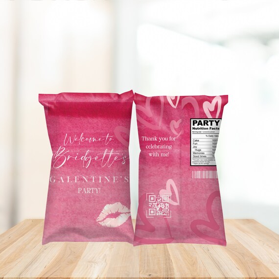 Pink Heart Galentine Chip Bag Template - Editable Birthday Party Favor, Personalized Bags - DIY Customizable Printable for Girls' Night Out