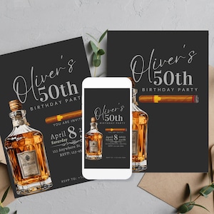 Adult Whiskey and Cigar Birthday Invitation, Editable Any Age Men&#39;s Birthday Invite, Printable Bday Invitations, Print and Digital