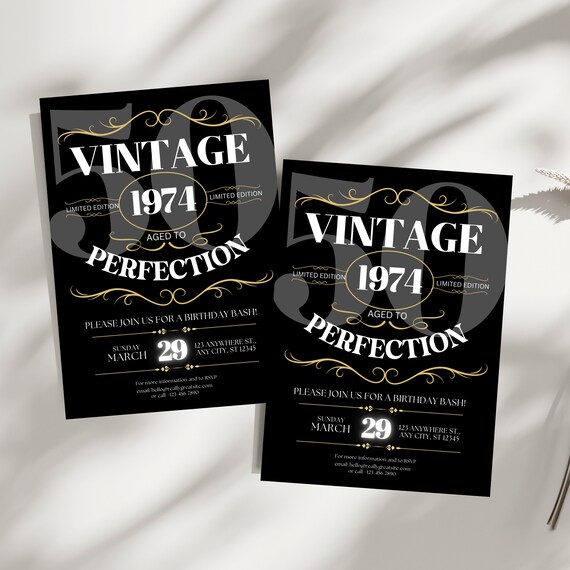 Editable Whiskey Birthday Invitation Sign - Custom Men's Invite - Aged to Perfection, Any Age & Year - Black and Gold Milestone Birthday