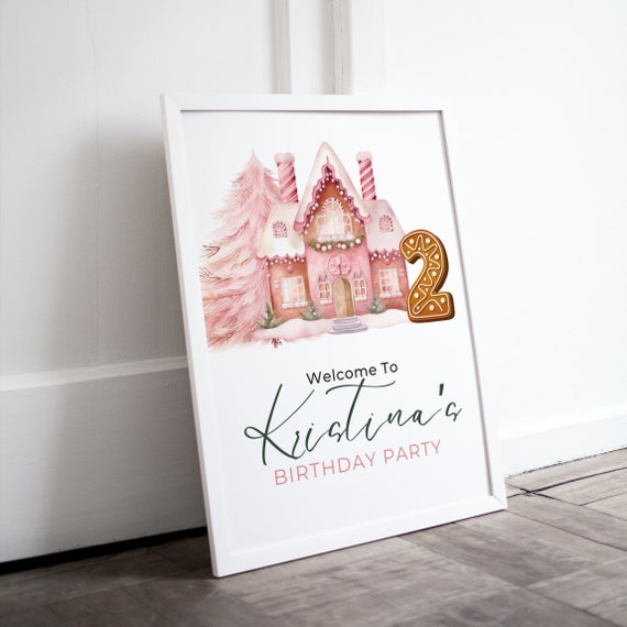Pink Gingerbread House Welcome Sign, Editable Birthday Welcome Banner, Gingerbread Theme Party Signs, Pink Cookie Girl Decor Template