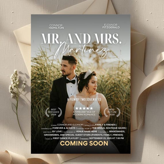 Cinematic Wedding Invitation – Movie Premiere Style Invite, Starring Bride & Groom, Personalized Film Credits, Premiere Save the Date