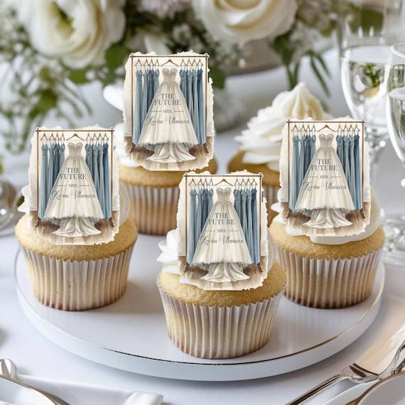 Bridal Shower Cupcake Toppers | Bride & Bridesmaid Dress Edible Decorations | Future Mrs Name Custom Wafer Paper or Frosting Sheet Toppers