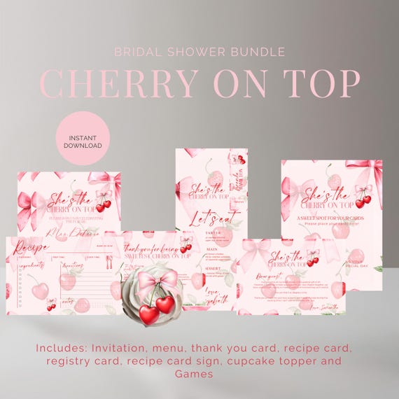 Custom Cherry on Top Bridal Shower Invitation Suite | Editable Pink Bridal Shower Invite, Recipe Card, Registry Card, Games and More