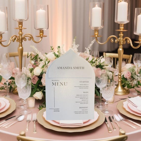 Minimalist Wedding Arch Menu | Custom White Shimmer Dinner Menu with Guest Name & Table Number | Elegant Wedding Table Decor