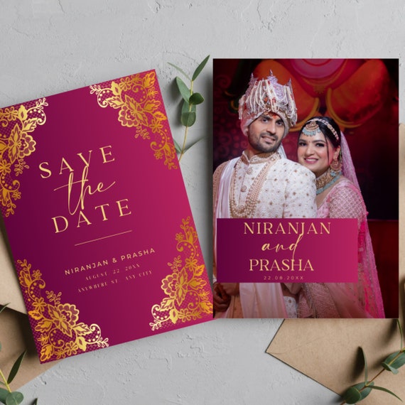 Traditional Red and Gold Indian Wedding Save The Date Template - DIY Ethnic Wedding Announcement Invite, Elegant & Customizable