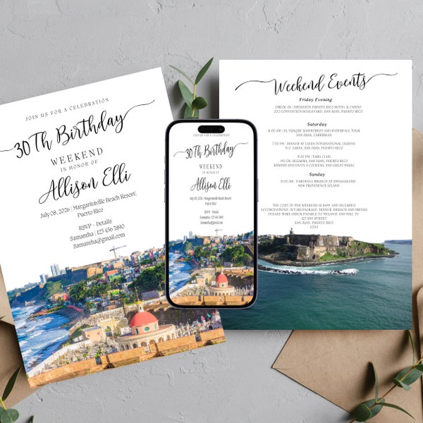 Puerto Rico Birthday Invitation Template, Editable San Juan Birthday Itinerary Invite Puerto Rico Skyline, Print and Digital , #PRSJ