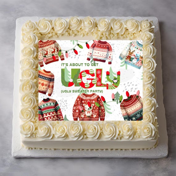 Custom Christmas Ugly Sweater Edible Cake Topper | Funny Holiday Party Decor for Cakes | Ugly Sweater Theme Company Party Topper