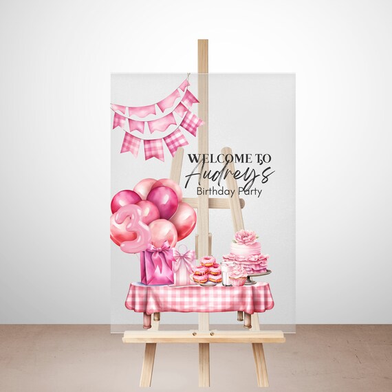 Customizable Pink Birthday Acrylic Welcome Sign - Personalized Baby Shower Party Poster Template, Pink Theme  Any Age, Unique, Custom Decor