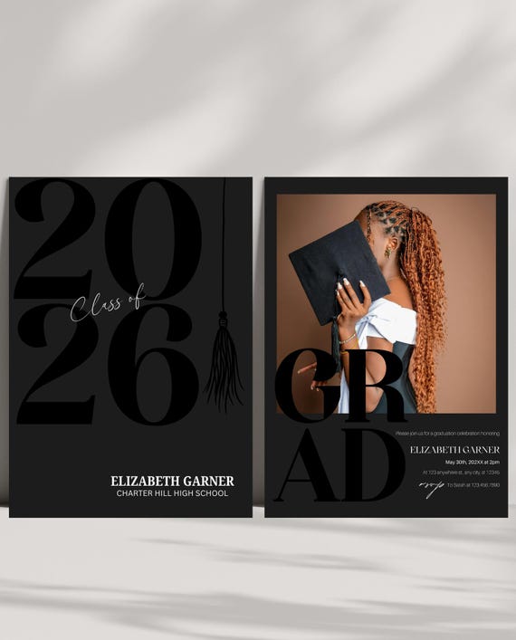 Black & White Graduation Photo Invitation Template, Canva Instant Download, Editable Grad Invite, Modern Minimalist Graduation Announcement,