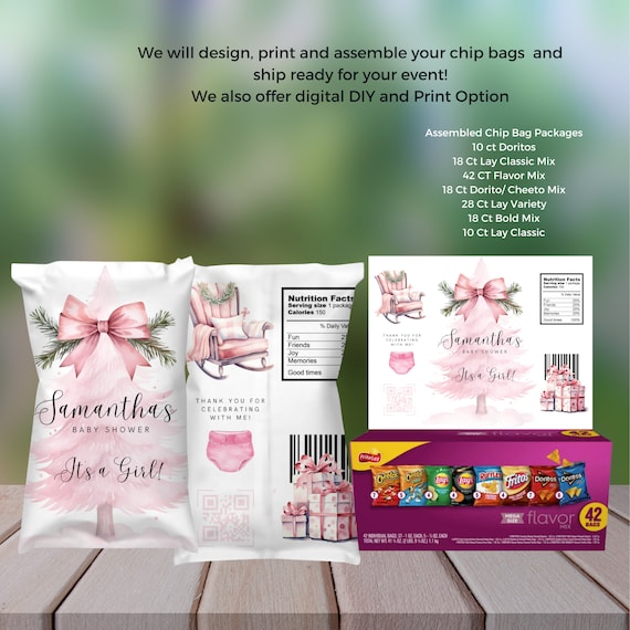 Pink Christmas Tree Baby shower Chip Bag Template, Winter Girl Baby Shower Party Favor Bags, Winter Pink Digital Baby Shower Label