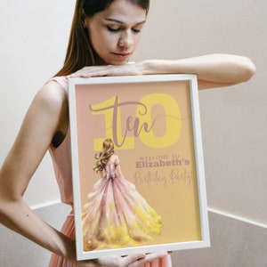 Princess Birthday Welcome Sign, Royal Party Entrance Decor, Yellow and pink , Customizable Banner, Girls Birthday Decorations