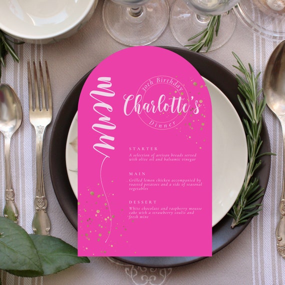 Editable Arched Dinner Menu, Printable Birthday Party Lunch Menu, Arch Hot Pink Gold, Food Menu, Doll Party Menu, Instant Download, #PPP