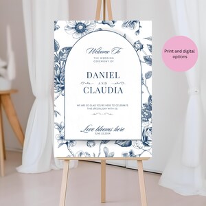 Vintage Dusty Blue and White Floral Wedding Sign | Elegant Chinaware-Inspired Wedding Welcome Sign | Editable Wedding Sign Entrance Decor