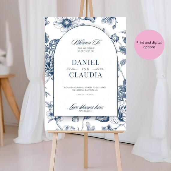 Vintage Dusty Blue and White Floral Wedding Sign | Elegant Chinaware-Inspired Wedding Welcome Sign | Editable Wedding Sign Entrance Decor