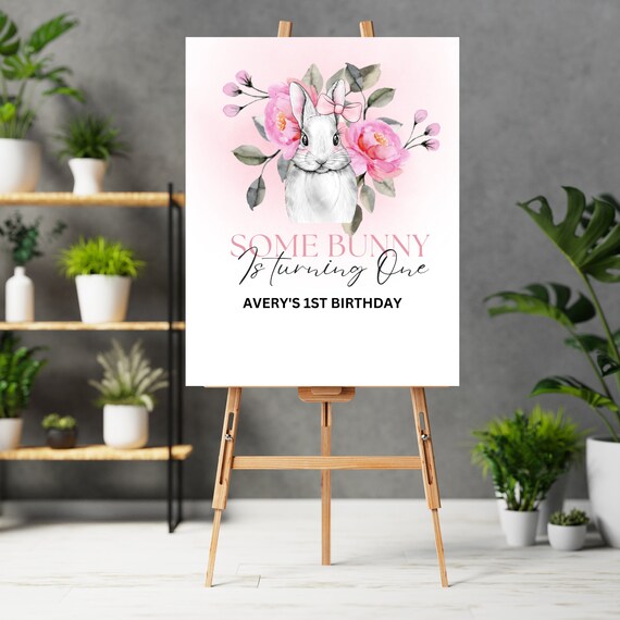 Birthday Bunny Welcome Sign, First Birthday Banner, Floral Easter Party Tapestry, Custom Birthday Sign, Instant Download, #EBB