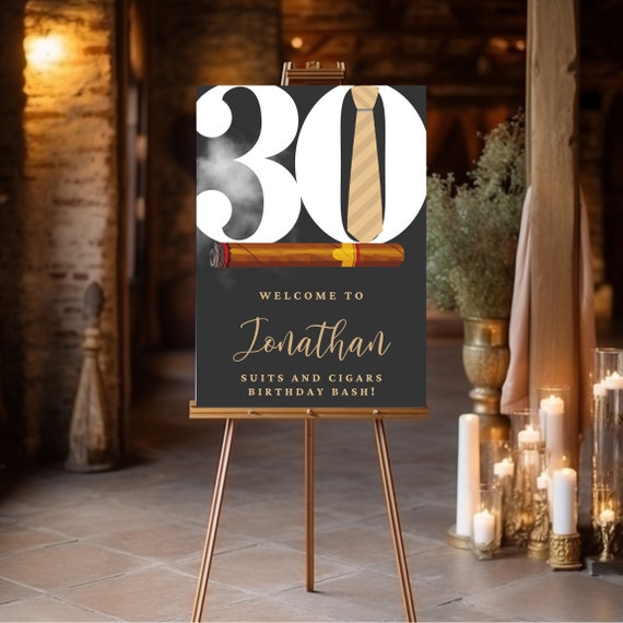 Customizable Black & Gold Suits and Cigars Party Welcome Sign Template- Men Editable Elegant Birthday Banner, Print and Digital