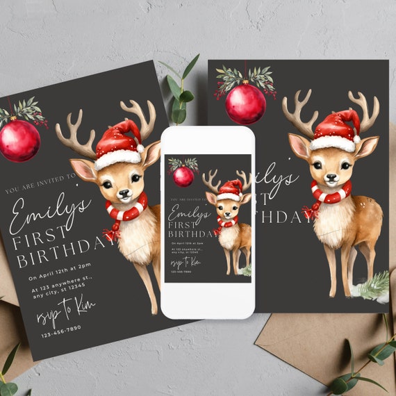 Christmas Deer Birthday Invitation Template, Printable Holiday Deer First Birthday Invitations, Editable Christmas Invite, Print and Digital