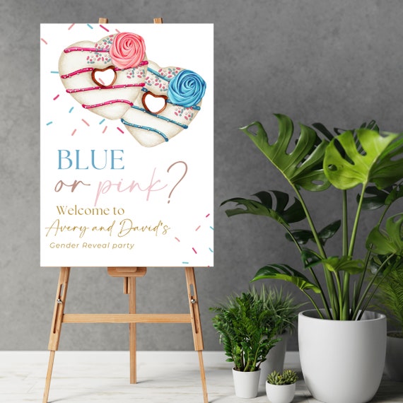 Sweet Donut Baby Shower & Gender Reveal Welcome Sign Template - Pink and Blue Heart Donuts Banner - Personalized Printable Signs
