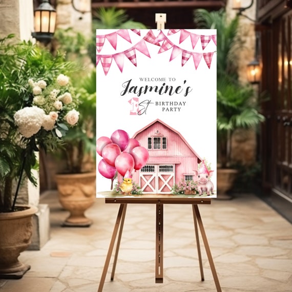 Customizable Pink Farm Birthday Welcome Sign - Barnyard Party Poster Template, Farm Animals Theme for Any Age Birthday Party