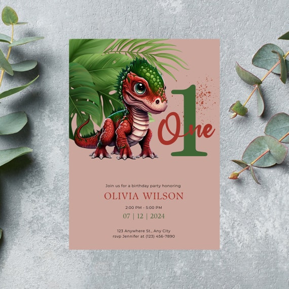 Dinosaur Birthday Invitation Template, Dino Any Age Bday Invite, Red and Green Birthday Party Printable, Instant Download, #DINO