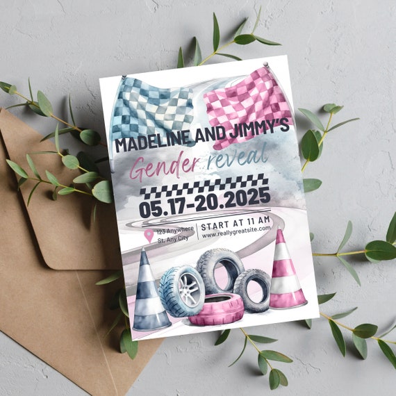 Editable Racing Welcome Sign Template, Pink & Blue Gender Reveal Race Track Party Sign Decor Custom Poster for Race-Themed Baby Reveal Party