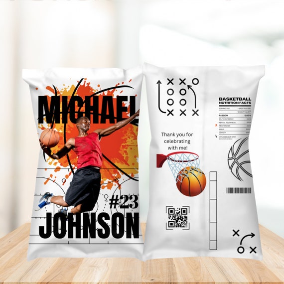Custom Basketball Chip Bag Template - Personalized Design for Party Favors, Team Colors, Logo, and Mascot - DIY Basketball Party Decorations