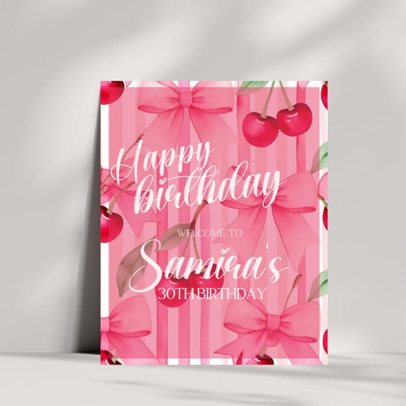 Cherry and Bow Birthday Welcome Sign | Editable Party Entrance Sign | Red Cherry Themed Birthday Decor | Personalized Printable Welcome Sign