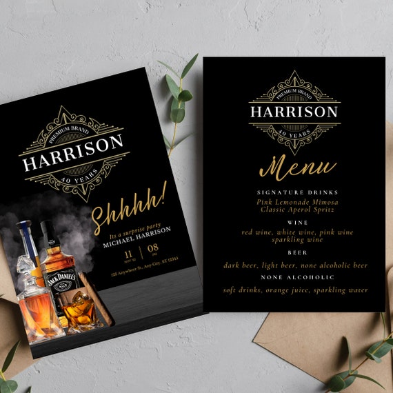 Whiskey and Cigar Birthday Invitation, Editable Any Age Men's Birthday Invite, Printable Bday Invitations, Print and Digital