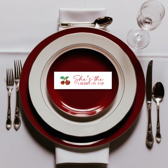 She's the Cherry on Top Bridal Shower Name Tag - Personalized Plate Setting Name Tag, Wedding Place Card, Custom Cherry Theme Party Favor