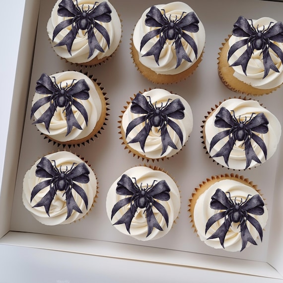 Personalized Edible Black Bow with Spider Cupcake Topper | Spooky Halloween Cake Topper | Custom Spider Birthday Party Decor