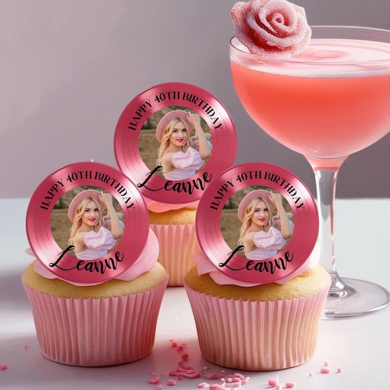 Pink Vinyl Record Photo Birthday Cupcake Topper –Custom Cocktail Toppers for Music Party, Retro DJ Birthday Decor, Personalized Edible Image