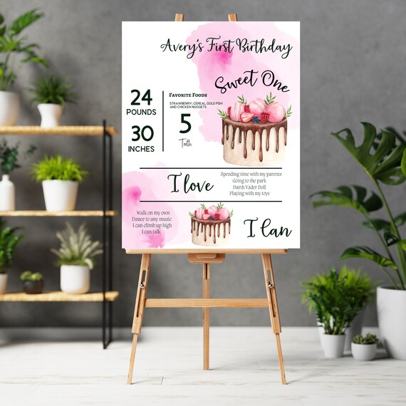 Sweet One Birthday Cake Milestone Sign, 1st Birthday Party Signs, Pink Cake Banner, First Birthday Print and Digital #SBC