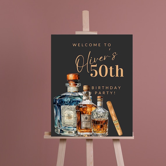 Whiskey and Cigars Welcome Sign, Editable Whiskey Party Signs, Custom Cigar Banner, Customizable Whiskey Party Template Print and Digital