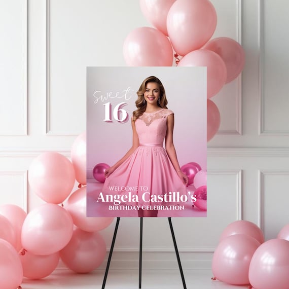 Sweet 16 Birthday Welcome Sign | Pink and White Photo Sign Template | Instant Download Editable Sweet Sixteen Party Decor | Pink Birthday