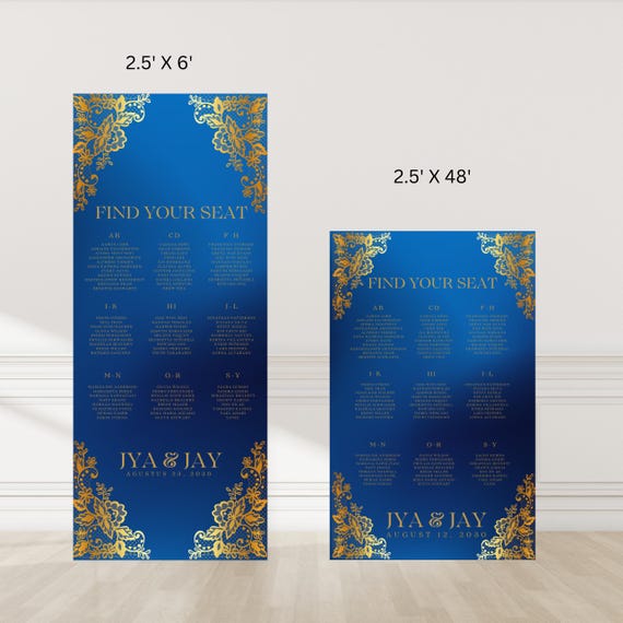 Royal Blue and Gold Indian Wedding Seating Chart Floor Sign | Personalized Traditional Wedding Seating Signage | Elegant Reception Decor