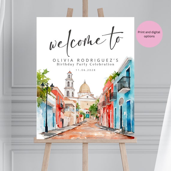 Editable Puerto Rico Birthday Welcome Sign Template, Printable Banner, Puerto Rican Skyline Decor