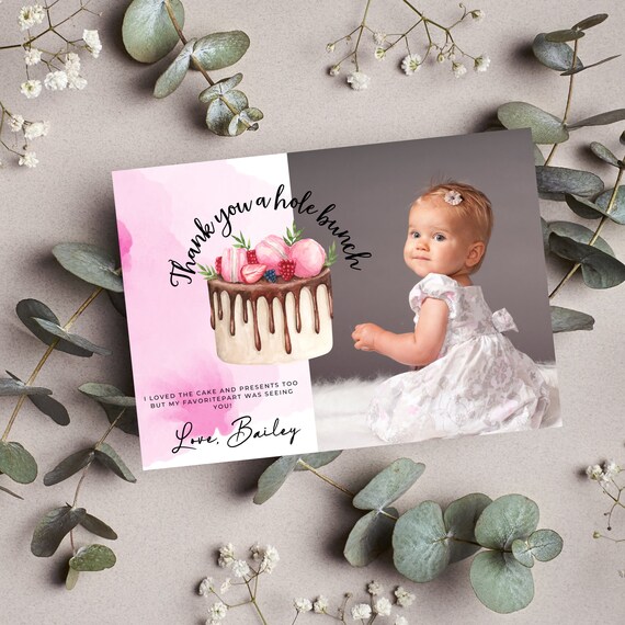 Sweet One Birthday Photo Thank You Card, Pink Cake, 1st Birthday Party Cards, Instant Download #SBC