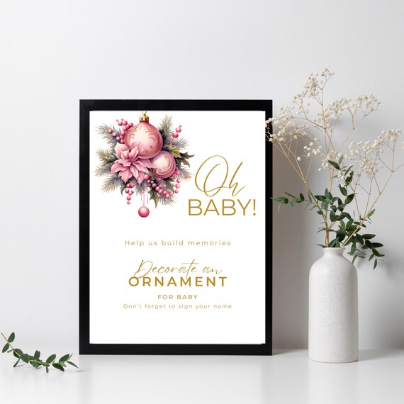 Pink Christmas Ornament Welcome Sign Template, Winter Girl Baby Shower Signs, Holiday Winter Pink Printable Signage, Holiday Ornament Sign