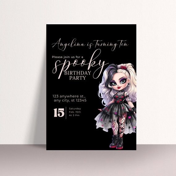 Editable Spooky Birthday Girl Invitation Template - Halloween Birthday Party Printable, Black and Pink, Customizable Halloween Invitation