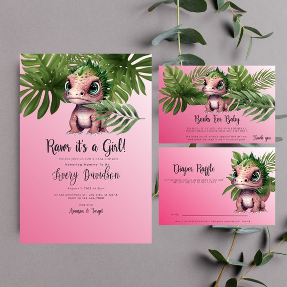 It's a Girl Dinosaur Baby Shower Invitation, Editable Dino Template Bundle, Dino Books for baby Shower, Girl Baby Shower, Printable Invite