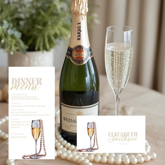 Prosecco and Pearls Dinner Menu & Escort Cards, Editable Canva Template, Bridal Shower, Wedding Instant Download, Printable Table Stationery